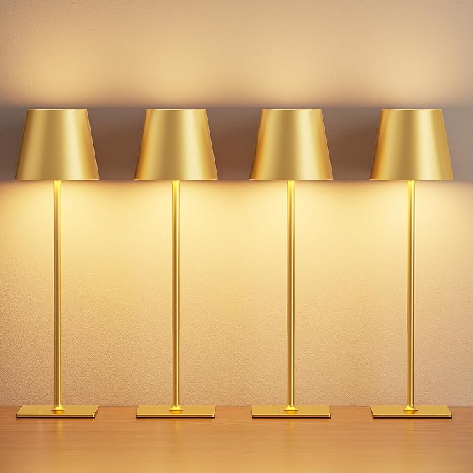 Kakanuo Gold Cordless Rechargeable Table Lamp 5000mAh Battery Operated Lamps, 3 Colors Stepless Dimming Touch Lamp for Dining, Living Room, Outdoor Patio, Kitchen Counter, 4 Pack
