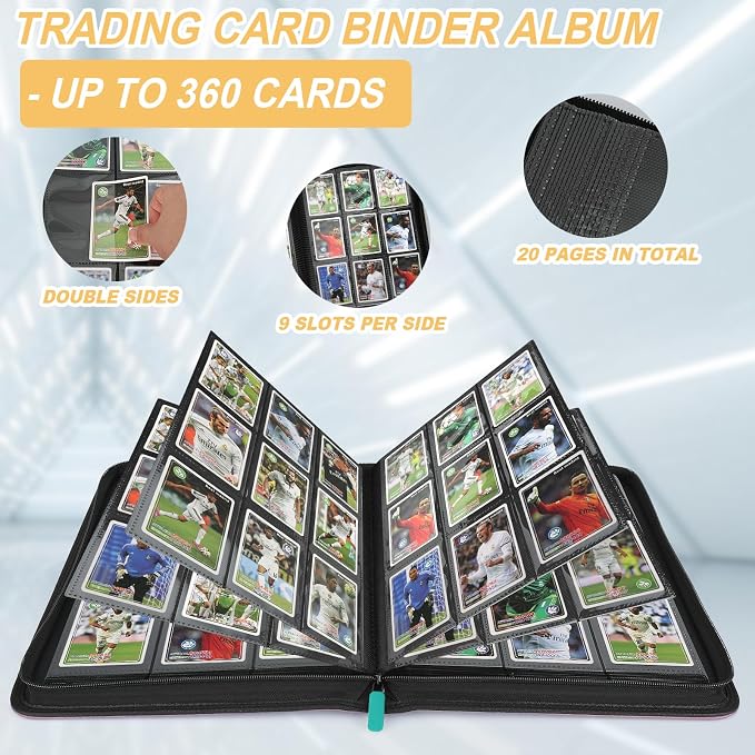 360 Cards Ringless 9-Pocket Side Loading Trading Card Binder, PU Zipper Fixed Page Card Album for TCG Sports Cards, Not Fit Top Loaders (LAKEBLUE)