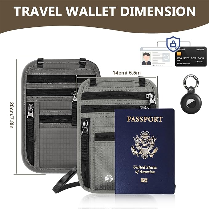 Likesing 5.5" L x 7.9" W Travel Neck Wallet, RFID Passport Pouch(Dark Grey) | RFID Blocking Passport Holder for Travel with Tracker Case, Security Passport Travel Wallet, Neck Pouch Gifts for Women Men