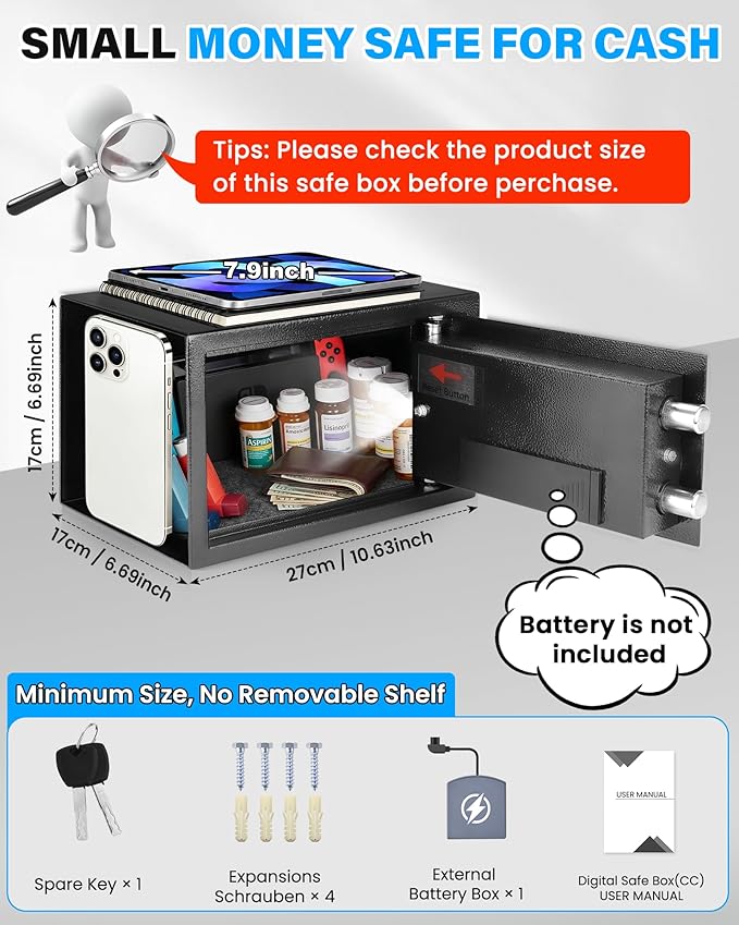 [UPGRADED] Small Safe Box for Home, 0.30 Cuft Mini Safes with Fireproof Waterproof Bag, Digital Money Safe with Programmable Keypad Spare Keys, Security Cash Box for Money Valuables