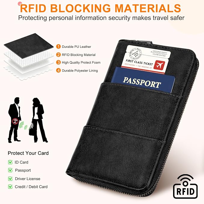 RFID Family Passport Holder Wallet - Travel Document Organizer | PU Leather, with Wristlet, Zipper, Cards, Boarding Pass, ID, Cash, Ticket Pockets,Travel Essentials Gifts for Women Men