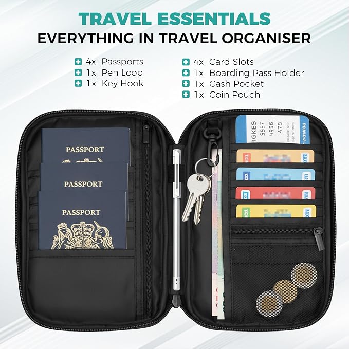 Passport Holder Travel Wallet, Black | RFID Blocking, Waterproof, Multiple Compartments, Multiple Compartments, For Men and Women