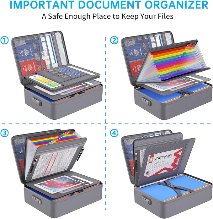 ENGPOW Fireproof File Organizer Bag with 13 Pockets Accordion File Folder | 5200℉ Document Organizer Box with Lock & Labels, Multi-Layer, Portable Home Safe Storage for Important Documents, Gray