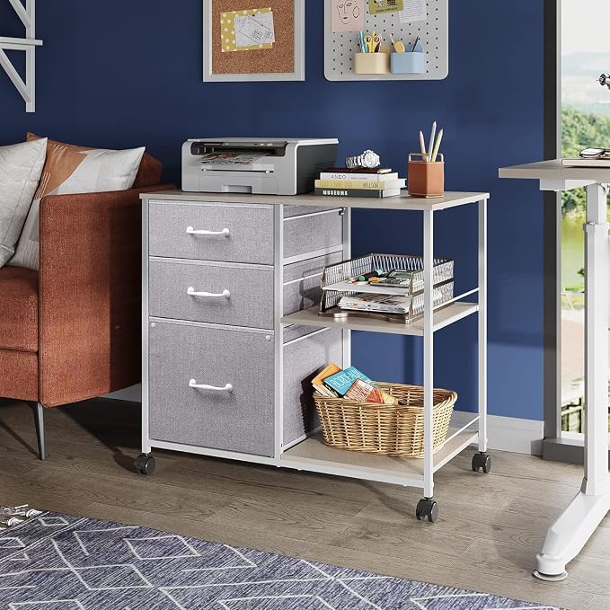 DEVAISE 3 Drawer Mobile File Cabinet with Open Storage Shelf | Rolling Printer Stand, Fabric Lateral Filing Cabinet fits A4 or Letter Size for Home Office, Light Grey