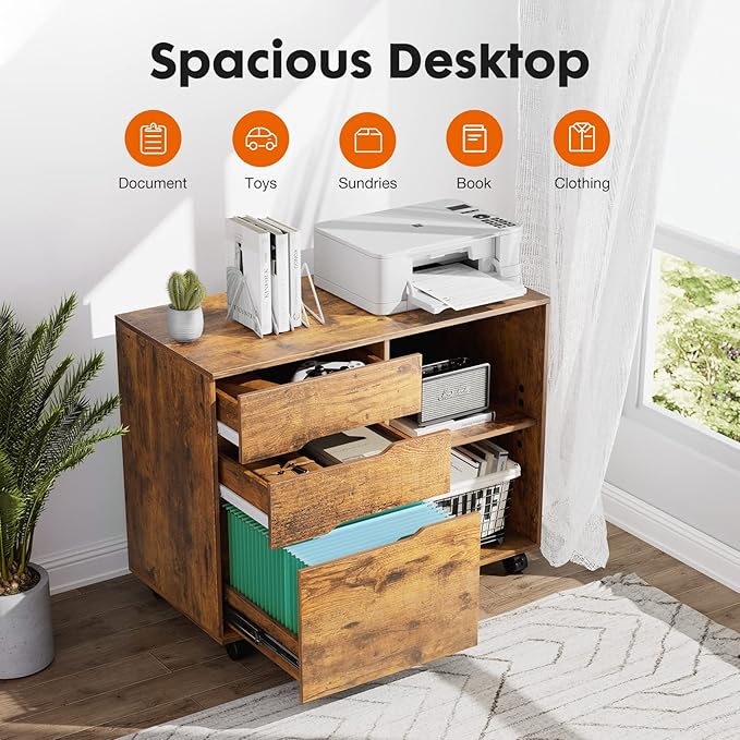 UOCFYK File Cabinet with 3 Drawers, Mobile Lateral Filing Cabinet with Open Storage Shelves for Home Office Under Desk Storage, Brown