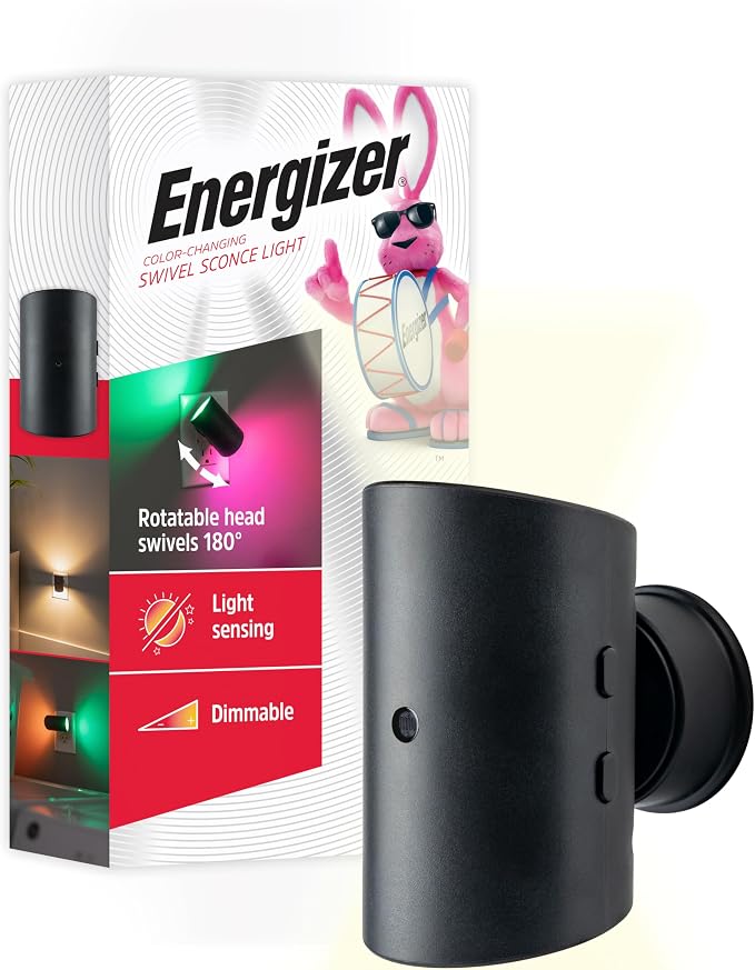 Energizer Night Light Plug in, Rotating, Dimmable, Color Changing, Modern Sconce LED Nightlight Plug into Wall, Dusk to Dawn Sensor, Adults, Kids, Bedroom, Bathroom, Hallway, Kitchen, 85615