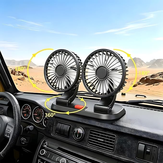 Dual Head 5V Car Fan for SUV Truck RV with No AC,Adjustable Car Cool Fan, Dual Head Design, 2-speed Adjustable, 360° Rotating Portable Car Fan,Powered by USB