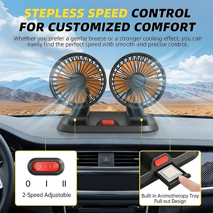 Dual Head 24V Car Fan for SUV Truck RV with No AC,Adjustable Car Cool Fan, Dual Head Design, 2-speed Adjustable, 360° Rotating Portable Car Fan,Powered by Cigarette Lighter
