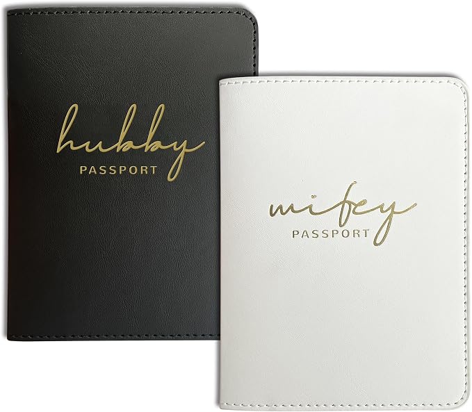 Mr&Mrs Gifts Matching Passport Holders for Bride and Groom, Hubby&Wifey Gold Foil Logo, Dual PU Leather with Card Pockets, Honeymoon Travel Essentials Gift for Newlyweds(HW Black White)
