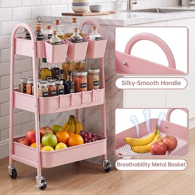 3-Tier Rolling Cart, Utility Cart Mobile Metal Rolling Storage Cart with Lockable Wheels & Hanging Cups & Hooks for Kitchen, Bathroom, Office, Workshop, Pink