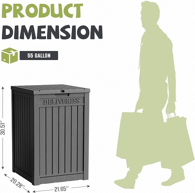55 Gallon Package Delivery Boxes Outside Secure Waterproof Resin UV Resistant Lockable Mail Parcel Drop Mailbox Storage Deck Box for Outdoor Porch Patio Black