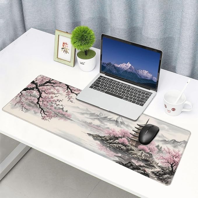 Cherry Blossom Gaming Mouse Pad Large Extended Desk Mat Non-Slip Rubber Base Keyboard Pad with Stitched Edges for Office Gaming 31.5x11.8 in