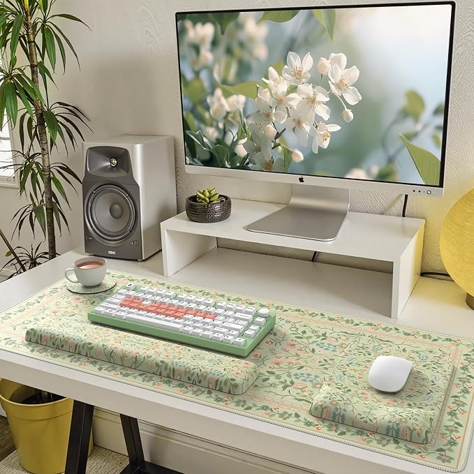 iCasso Mouse Pad with Wrist Rest, Large Desk Mat Set, Bean Green | Ergonomic Keyboard Pad with Wrist Support, Non-Slip Mouse Mat for Women, Cute Floral Computer Mat for Home Office Gaming
