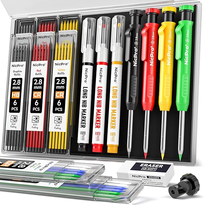 Nicpro 4 Pack Carpenter Pencils with Sharpener, (Red, Black, Yellow, Green) | Construction Mechanical Pencil Set +52 Refills, Heavy Duty Working Tools, Long Nib Marker Pens for Architect Marking