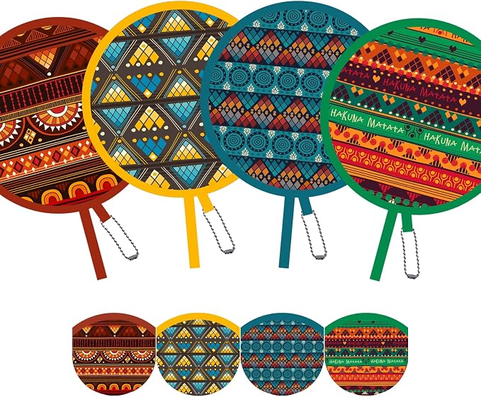 4 Pack Ethnic African Print Folding Hand Fan – Portable Circle Fabric Fan, Boho Ethno Pattern, Lightweight Cooling Fan for Travel, Festival, Beach, Summer Gift (Yellow)