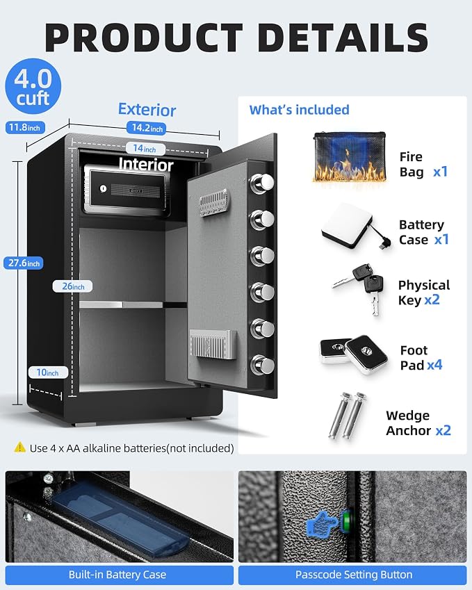 DAYI Safe Box, 4.0 Cubic Feet Home Safes with Fireproof Bag, Digital Keypad, Dual Alarm Security Safe for Money, Documents, Ideal for Office Use - D-70