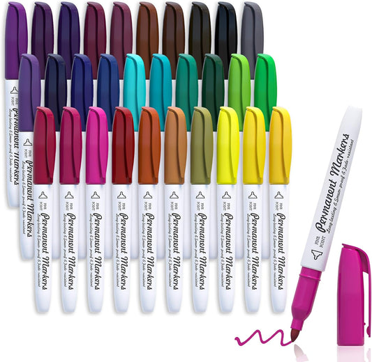 Lelix 30 Colors Permanent Markers, Fine Point, Assorted Colors, Works on Plastic,Wood,Stone,Metal and Glass for Kids Adult Coloring Doodling Marking