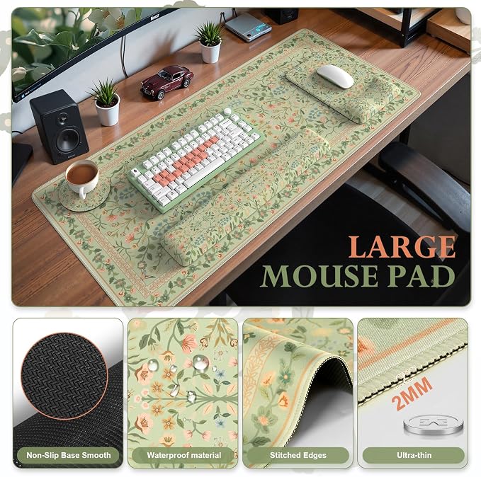 iCasso Mouse Pad with Wrist Rest, Large Desk Mat Set, Bean Green | Ergonomic Keyboard Pad with Wrist Support, Non-Slip Mouse Mat for Women, Cute Floral Computer Mat for Home Office Gaming