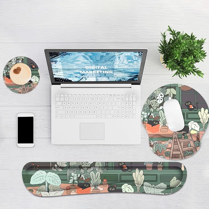 Ergonomic Mouse Pad with Wrist Rest and Keyboard Wrist Rest, Mousepad | Memory Foam Wrist Rest for Computer Keyboard, Pain Relief, Non-Slip Rubber Base, Mouse Pad with Wrist Support for Gaming, Cat