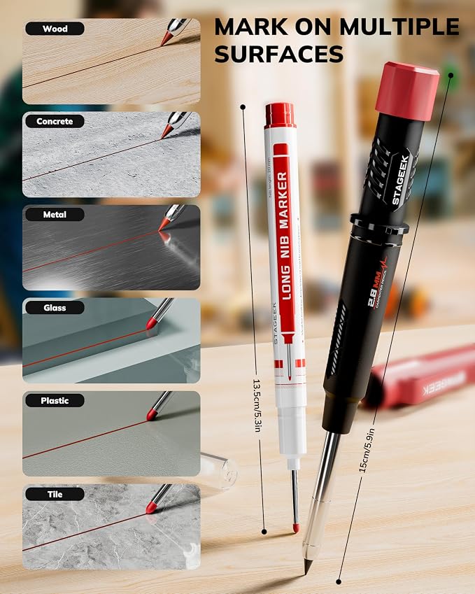 STAGEEK 2.8mm Mechanical Carpenter Pencils with Sharpener, 4 Pack | 76 Refills, Construction Pencil Heavy Duty Woodworking Tools, Waterproof Deep Hole Long Nib Marker Pens for Architect Marking