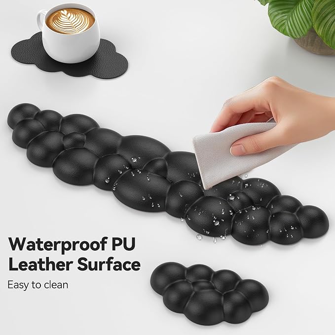 TECKNET Cloud Keyboard Wrist Rest Set, Cloud Wrist Rest with Non-Slip Base, PU Leather Wrist Pad for Keyboard with Ergonomic Memory Foam for Computer Laptop Office Gaming and Pain Relief, Black