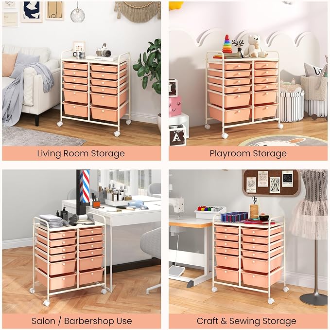 12 Drawer Rolling Storage Cart, Craft Cart Organizer on Wheels w/Metal Frame, Large Capacity & Smooth Drawer, Rolling Cart w/Drawers for Classroom, Office