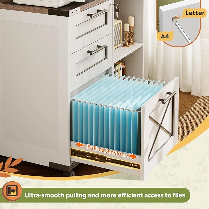 DEVAISE Wood File Cabinet with Charging Station,White | Mobile Lateral Filing Cabinet, Lock, Home Office, Printer Stand, Open Storage Shelves