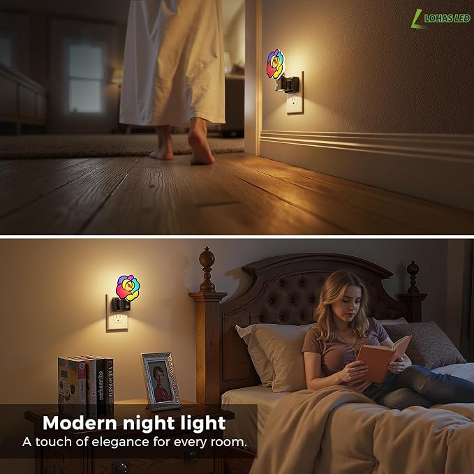 L LOHAS LED Night Lights Plug into Wall, Night Light with Light Sensor, 3000K Soft White, 0-100LM Brightness Adjustable, Acrylic Rose Nightlight for Bathroom Bedroom Hallway[2 Pack]