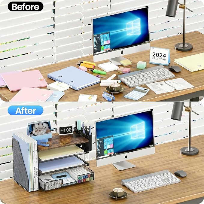 Desk Organizer, 4-Tier Desktop File Organizer with Drawer and Pen Holders, Office Desk Accessories, File Sorters, Workspace Organizers for Office Supplies(Wood)