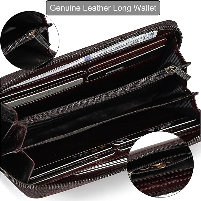 Genuine Leather Long Wallet for Men, Large Capacity Purse Clutch Bag Handbag Checkbook Cash Credit Cards Phone Holder | Large Capacity