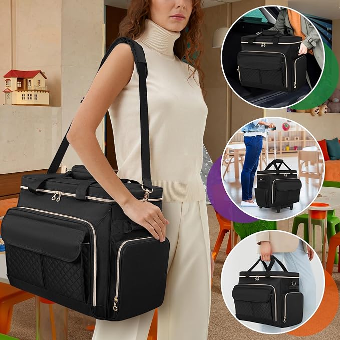 LUXJA Rolling Teacher Bag with Wheels and 15.6" Laptop Compartment, Black | Rolling Briefcase for Women with Accordion File Area, Teacher Tote Bag for Work with Detachable Dolly and Shoulder Strap