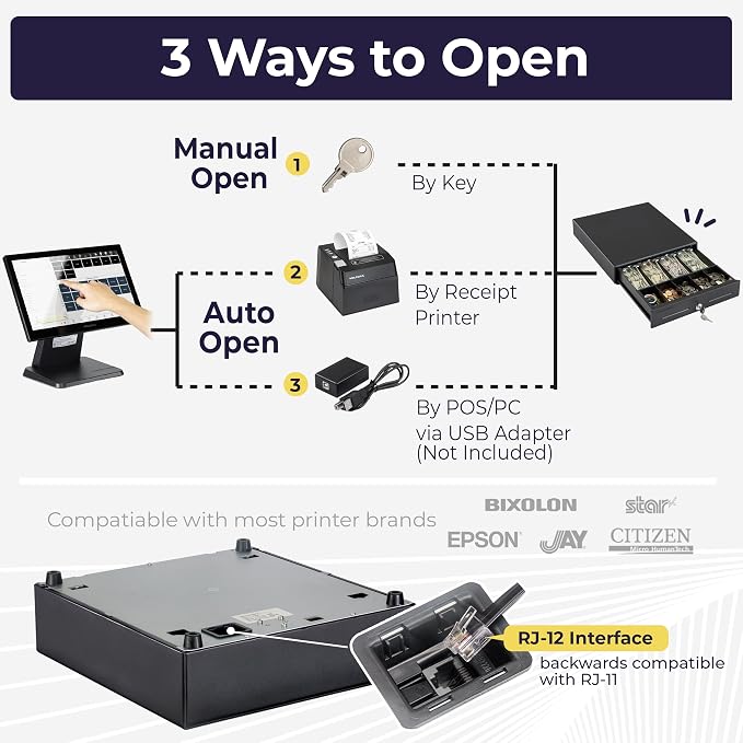 Volcora 13" Electronic Cash Register Drawer for Point of Sale (POS) System with 4 Bill 5 Coin Cash Tray, Removable Coin Compartment, 12-24V, RJ11/RJ12 Key-Lock, Black - for Small Businesses