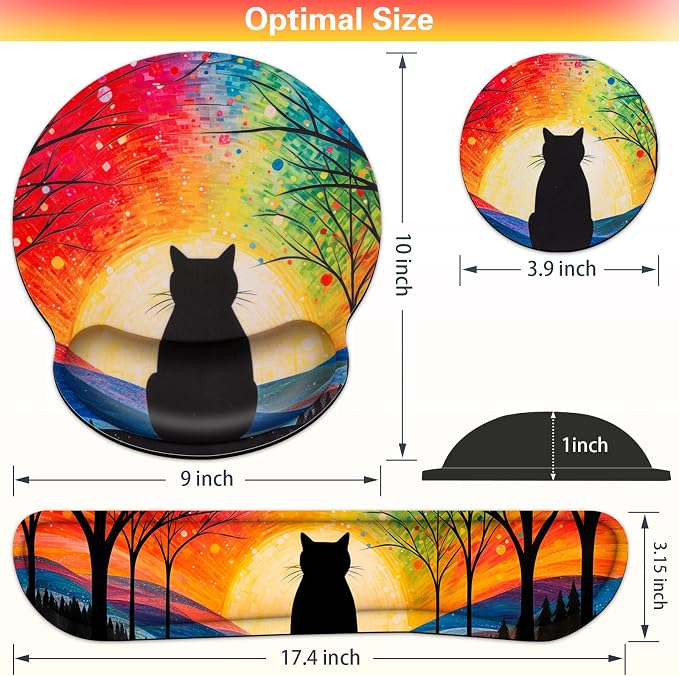 3-in-1 Mouse Pad with Wrist Rest Cute Black Cat Set | Wrist Support Mouse Pad Set,Gaming Mousepad with Anti-Skid Base,Ergonomic Mouse Pad,Memory Foam Keyboard Gel Wrist Rest Anime
