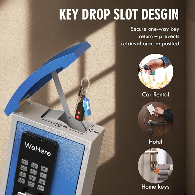 WeHere Key Lock Box Wall Mount with Key Drop Slot, Smart Digital Lockbox, OTP/APP Bluetooth/Wi-Fi/Fixed Code/Key Unlock, Key Safe Security Storage for House Outside, Realty Business, Apartment, Store