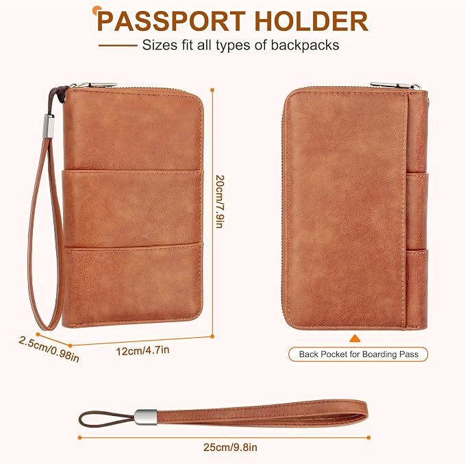 RFID Family Passport Holder Wallet - Travel Document Organizer | PU Leather, with Wristlet, Zipper, Cards, Boarding Pass, ID, Cash, Ticket Pockets,Travel Essentials Gifts for Women Men