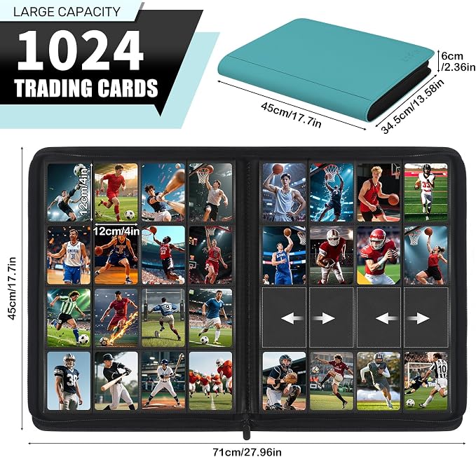 1000+ Pockets Trading Card Binder, 16 Pocket Zipper Binder Card Album, 32 Pack Double-sided Side Loading Non-Ring Card Binder, Card Holder Folders for MTG, TCG, Game Cards & Sports Cards, Teal