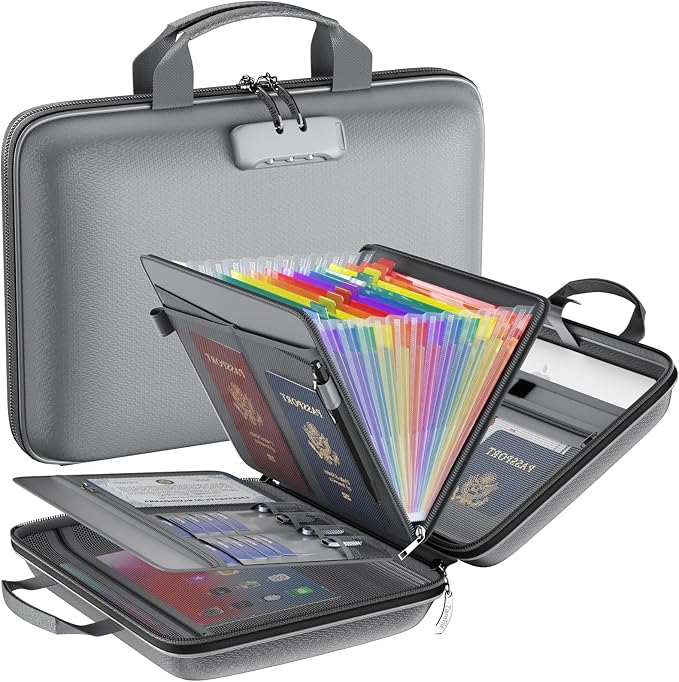 Tamfile Fireproof File Organizer with Lock,Hard Case Fireproof Document Box | 13 Colour Pockets Accordion File Folder, Office Home Important Document Organizer for Letter A4 Files Laptop Passports,Grey