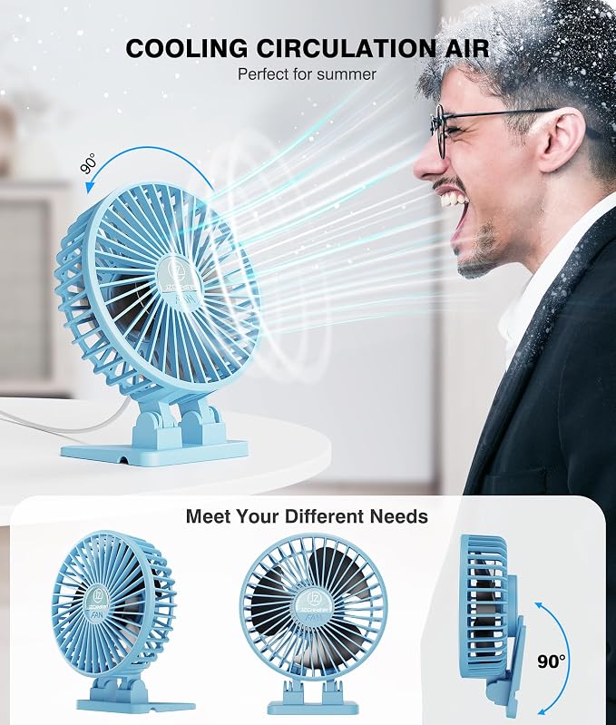 JZCreater USB Desk Fan, Mini Fan Portable, 3 Speeds Desktop Table Cooling Fan, Plug in Power Fan, Rotation Strong Wind, Quiet Personal Small Fan for Home Desktop Office Travel Bedroom, Blue