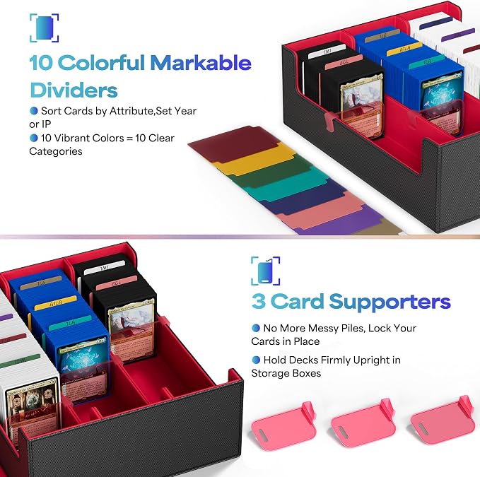 UAONO Trading Card Storage Box, Holds 1800 Sleeved Cards with 10 Dividers & 3 Stoppers, Magnetic Closure PU Leather Card Case for MTG, PTCG, YGO, Sports Cards (Black&red)