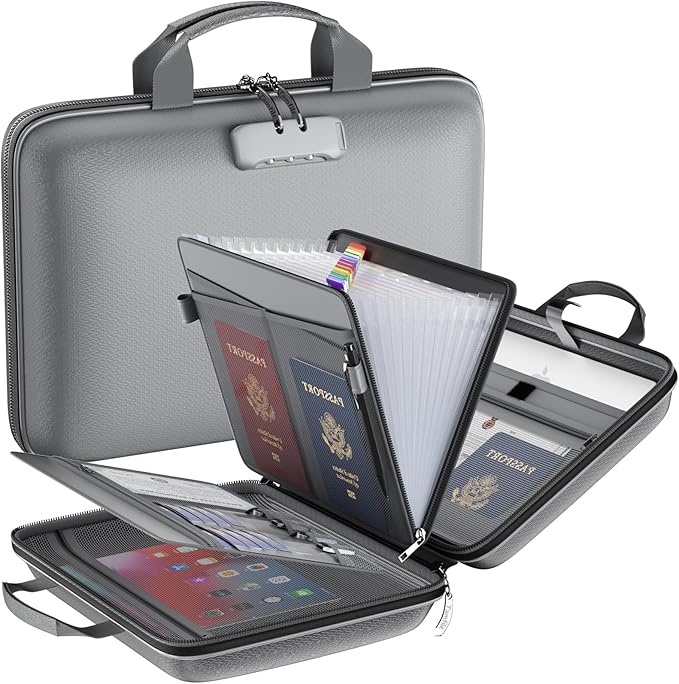 Tamfile Fireproof File Organizer with Lock,Hard Case Fireproof Document Box | 13 Transparent Pockets Accordion File Folder, Office Important Document Organizer for Letter A4 Files Laptop Passports, Grey