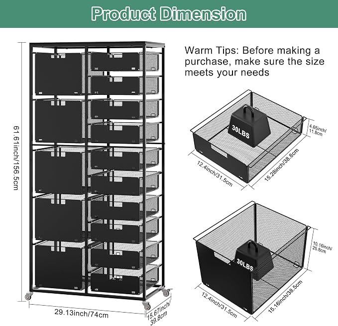 EasyPAG Rolling Storage Cart With 15 Drawers, Metal Craft Organizers with Wood Tabletop for Home, Letter/Legal Size Rolling File Cart for Office, Classroo and Dorm, Black