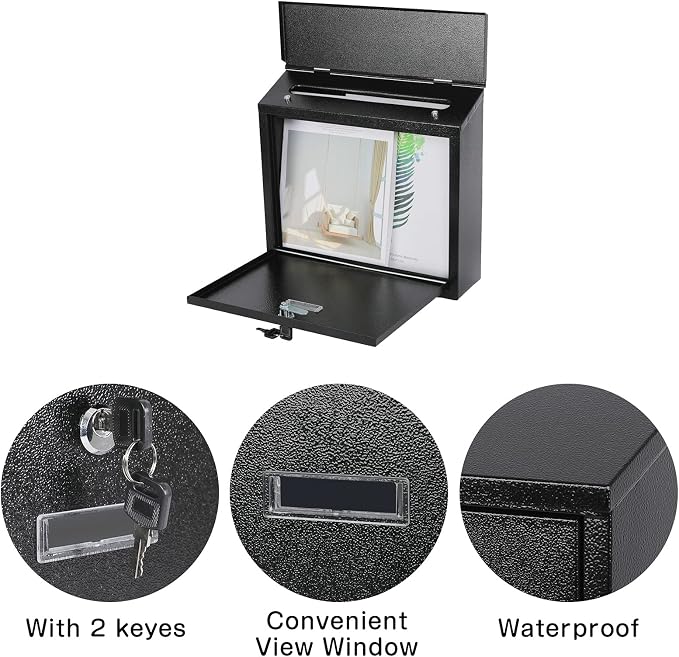 xydled Mail Boxes with Key Lock,Locking Mailbox Wall Mounted,Security Mailbox with Lock and Key,Large Capacity,Steel Cover Metal Postbox for House,14.2X 4X 12.6 Inch, Black
