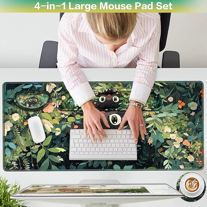 Mouse Pad Anime Mouse Pad with Wrist Rest | 4-in-1 XXL Large Desk Mat Kawaii Mousepad with Gel Wrist Support Keyboard Wrists Rest Coaster, Ergonomic Gaming Cat Desk Pad