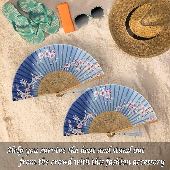 OMyTea Folding Hand Fan for Women - Foldable Chinese Japanese Vintage Bamboo Silk Fan - for Hot Flash, Church, Decoration, EDM, Music Festival, Dance, Party, Performance, Gift (Gray Redbud)