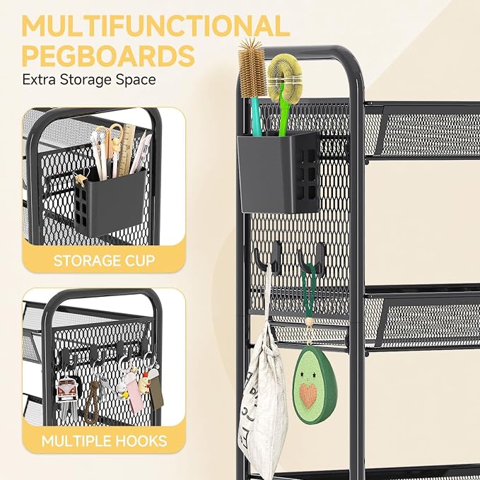 KINGRACK 4 Tier Rolling Cart, Metal Utility Storage Cart with Pegboard | Screwless Assembly, Lockable Wheels, 4 Hooks & 1 Bin, Mobile Organizer for Bathroom Kitchen Office Craft Room Laundry, Black
