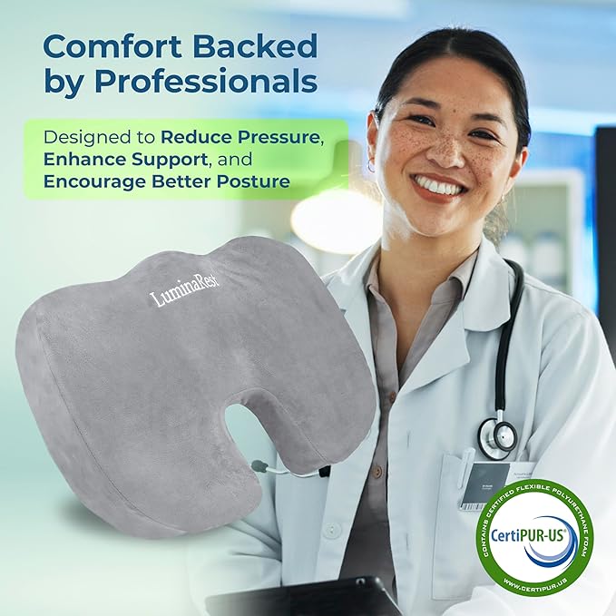 LuminaRest® Gel Seat Cushion for Long Sitting | Premium CertiPUR-US® Certified Memory Foam | Ergonomic Office Chair Cushion for Tailbone & Coccyx Pain Relief, Sciatica & Back Support (Gray)