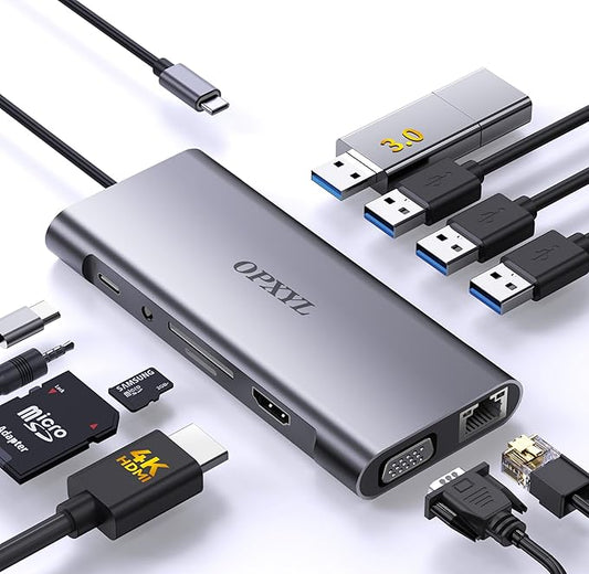 OPXYL 11-in-1 USB C Hub Multiport Adapter, USB C Docking Station with 4K HDMI, VGA 1080P, 100W PD, Ethernet, SD/TF, Audio, USB 3.0 Port, Laptop Dock for MacBook Pro/Air, iPad, Windows