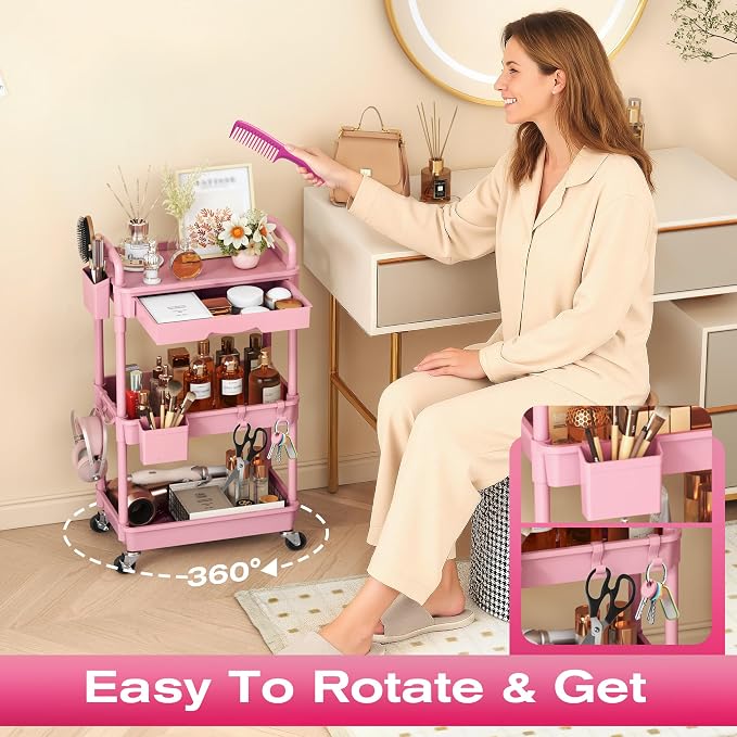 Goovilla Rolling Makeup Organizer Cart with Removable Drawer, 3 Tier Pink | Stable Floor Skincare Storage Cart for Vanity, Cosmetic Display, Nail Polish, Perfume, Hair Stuff, Beauty, Bathroom(Plastic)