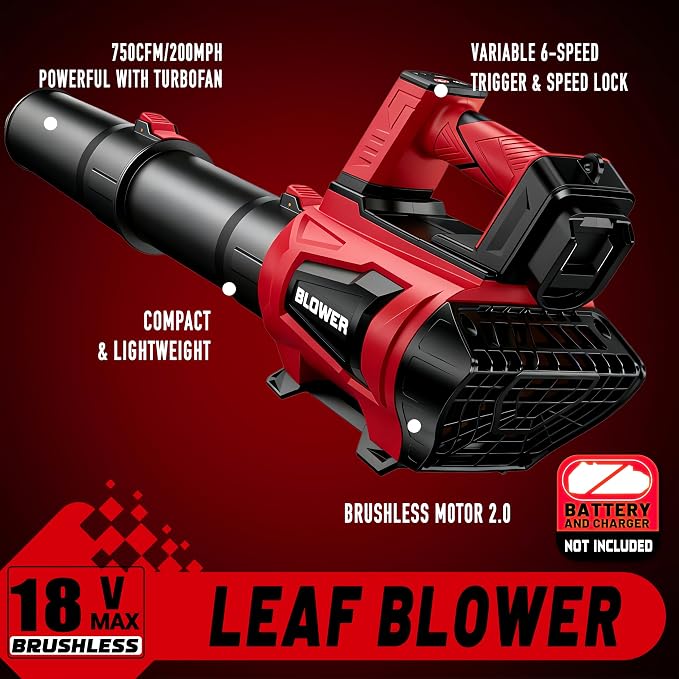 Cordless Leaf Blower Compatible with Milwaukee M18 Battery(No Battery) - 250MPH| 750CFM | 6 Speed Brushless Turbo Powerful Electric Leaf Blowers for Lawn Care, Patio, Blowing Leaves