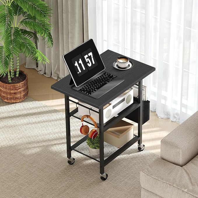 MAHANCRIS 3-Tier Printer Stand, Rolling Printer Table on Wheels, Industrial Storage Stand with Side Pocket, Wooden Tabletop, 2 S-Shaped Hooks, for Home Office, Black PTBK2501